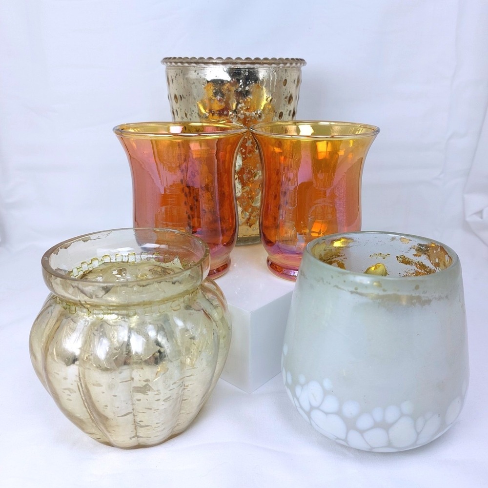 Lot Of 5 Glass Votive Candle Cups 2 Metalic 2 Amber Glass 1 Handblown